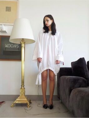 NWT Mai Wei Lab Nutria Blouse: White Oversized Drawstring Hem Dress - O/S